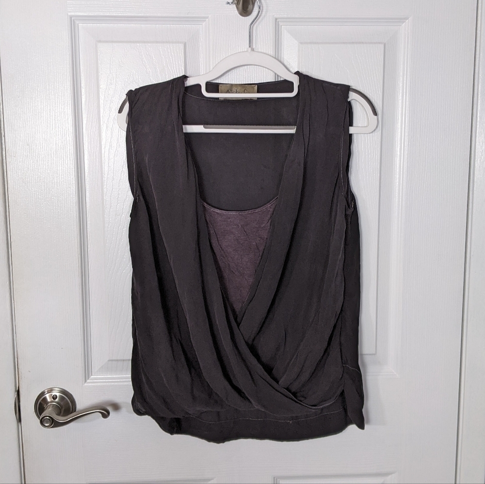 A.L.C. 100% Silk Black Contrast Stitching‎ Layered Faux-Wrap Tank Blouse Size S